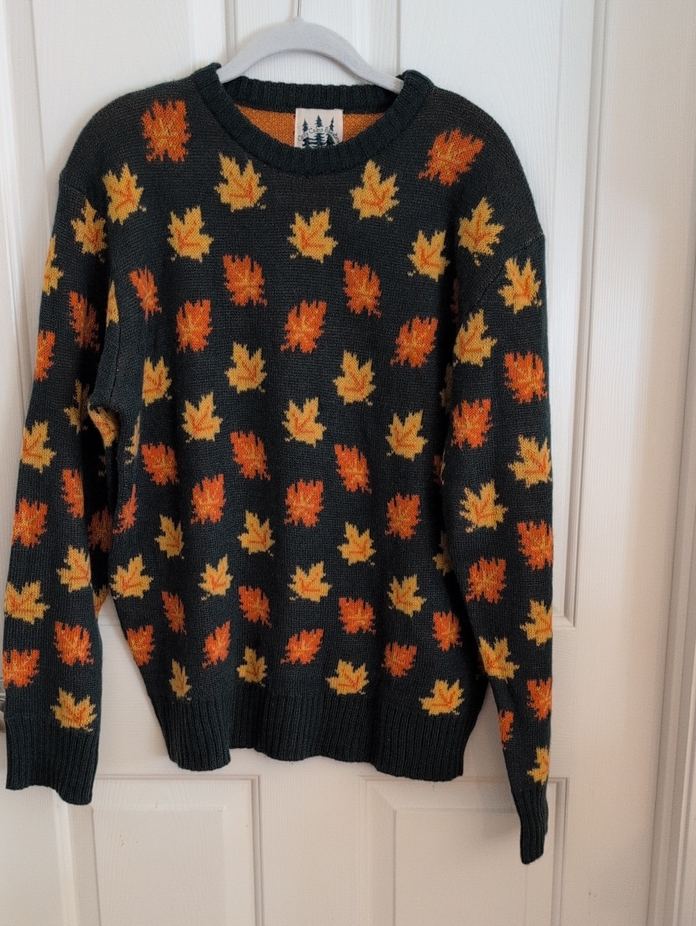 Kiel James Patrick Forest Green Crewneck Sweater with Orange & Yellow Leaf Motif